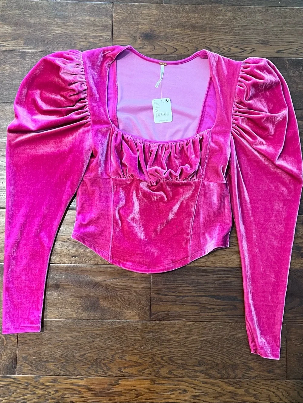 Free People Velvet Puff-Sleeve Scoop Neck Top - Hot Pink Size M